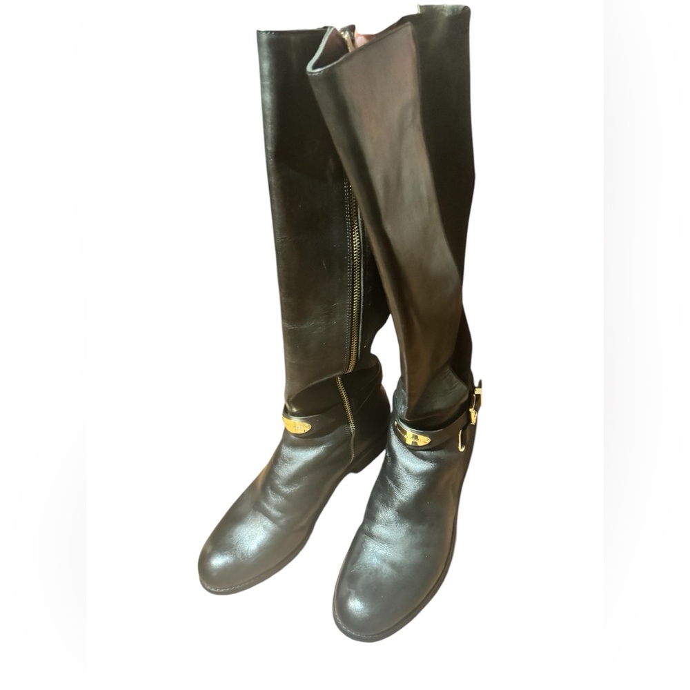 Michael Kors Black Leather Elastic Back Arley Knee-High Boots - Picture 2 of 16
